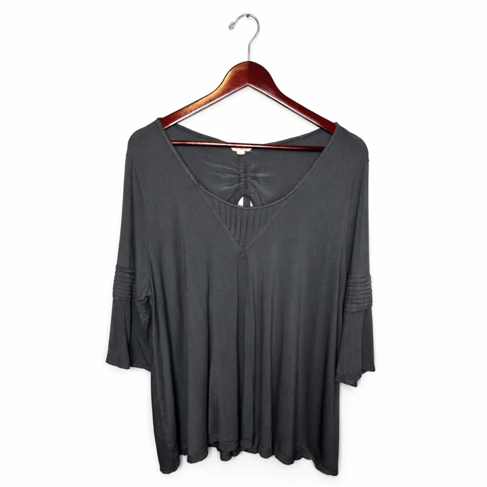 POL Charcoal Gray V-Neck Back Cutout Ruched Tie Top RCT387 Large - Picture 2 of 7